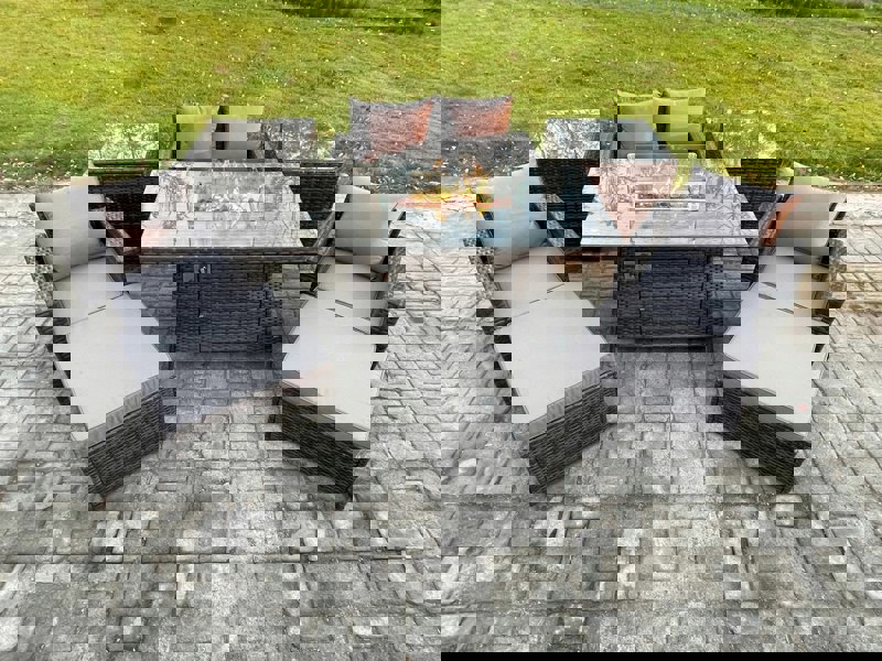 Fimous Outdoor Garden Dining Sets 6 Seater Rattan Patio Furniture Sofa Set with Gas Firepit Table 2 Big Footstool 2 Side Tables Dark Grey Mixed