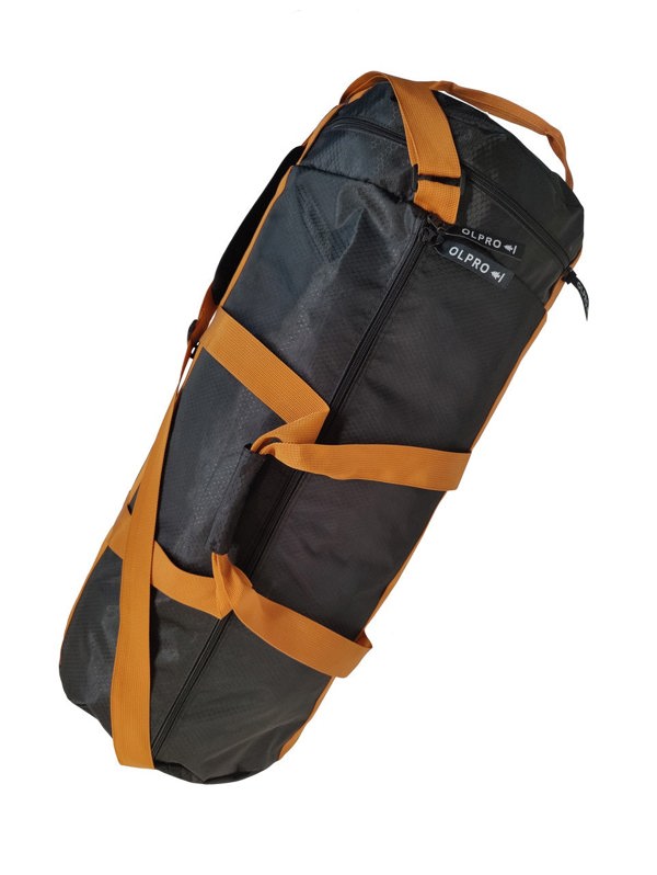 60L Black and Orange Holdall / Duffle Bag OLPRO - view from above showing zip, orange straps and handle