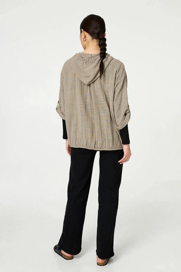 Stone | 3/4 Sleeve Hooded Zip Front Jacket