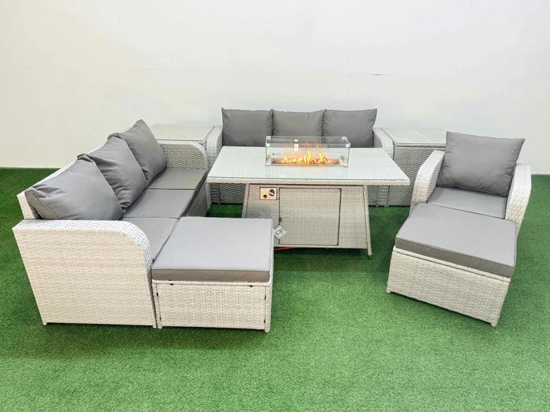 Fimous 9 Seater Rattan Garden Furniture Patio Set, Firepit Table, 2x 3 Seater Sofas, Reclining Chair, 2 Big Footstools, 2 Side Table, Light Grey