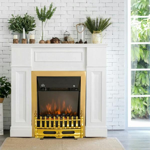 Golden electric fireplace inset in white mantel with glass front and LED flames