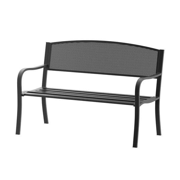 Black 2-person metal garden bench with mesh back and slatted seat