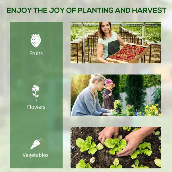 Grey planter box product infographic showing fruits, flowers, and vegetables