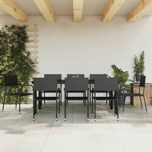 Berkfield 9 Piece Garden Dining Set Black Poly Rattan and Steel