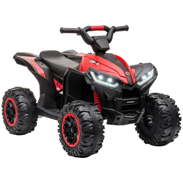 Red and black kids electric quad bike with bright headlights and handlebar controls