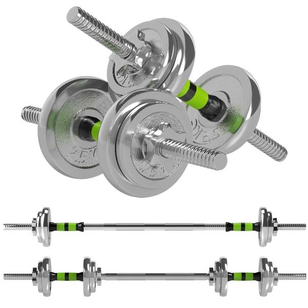 Weightlifting barbell and dumbbell set with green non-slip grips and metal weight plates