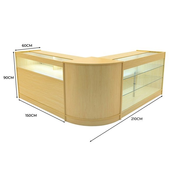Triton LED Shop Counter Set in maple finish, featuring curved design, glass display shelves, and integrated lighting for visibility