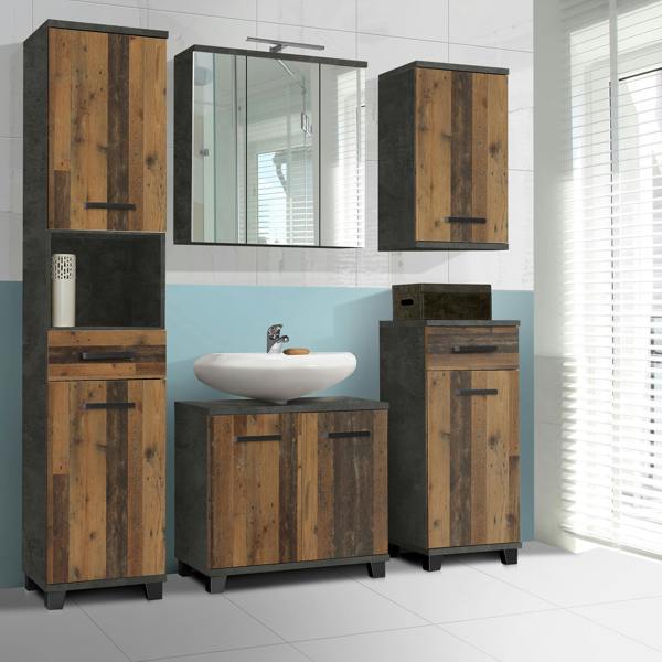 Furniture To Go Veris Under Sink Cabinet with 2 Doors in Walnut and Dark Grey
