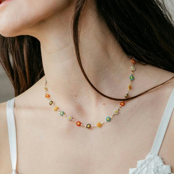 The Colourful Aura Silver Colourful Daisy Sun Flower Charms Indie Summer Boho Choker Necklace