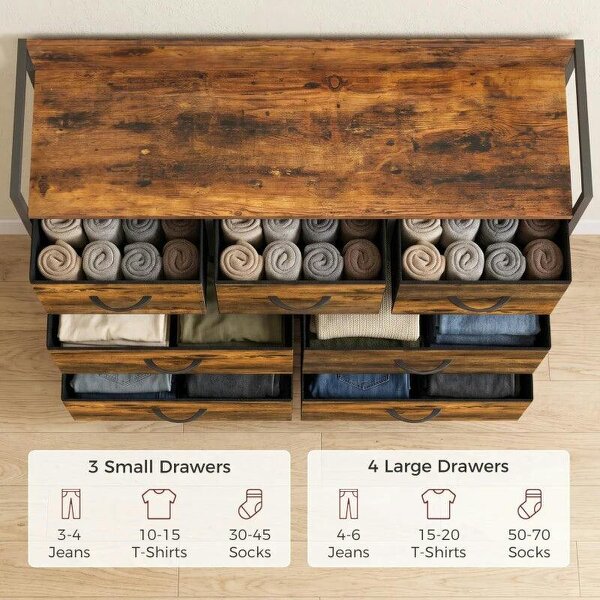 Chest of Drawers with 7 Drawers, Industrial Fabric Storage Unit with Top Shelf and Steel Frame for Bedroom, Rustic Brown