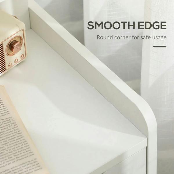 White nightstand with rounded smooth edge corner and wide top surface