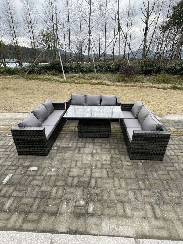 Fimous 9 Seater?Outdoor Garden Furniture Rattan Sofa Set Adjustable Rising Lifting Dining Table Dark Grey Mixed