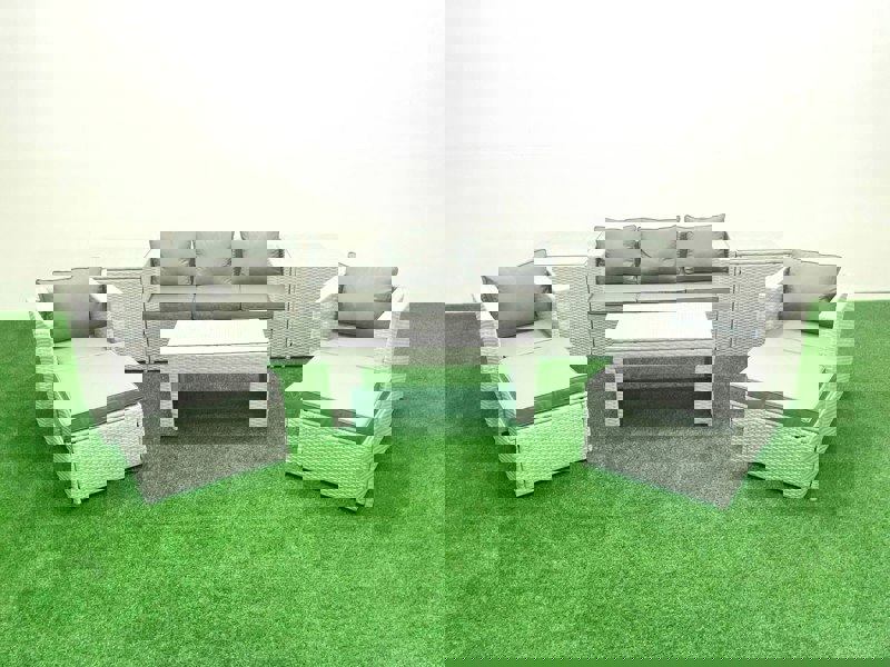 Fimous Rattan Garden Furniture Set 7 Seater Outdoor Garden Sofa 2 Chairs Oblong Coffee Table Set with 2 Stools 2 Side Tables Light Grey Mixed