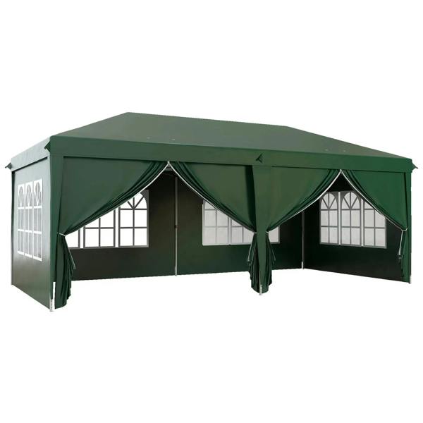 Dark green pop-up gazebo with curtained side panels and window openings
