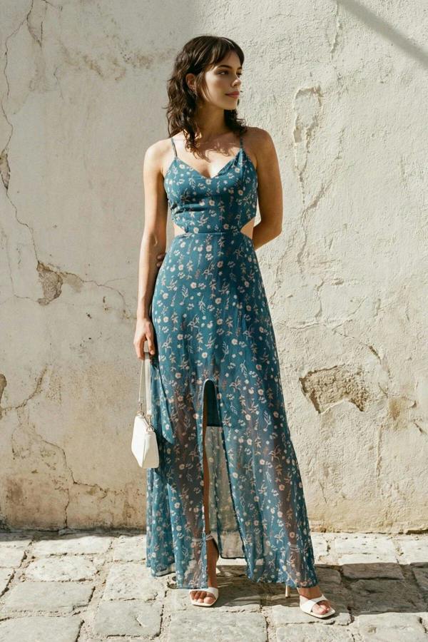 WOVCOR A-Line Lined Maxi Dress with Waist Detail and Floral Pattern