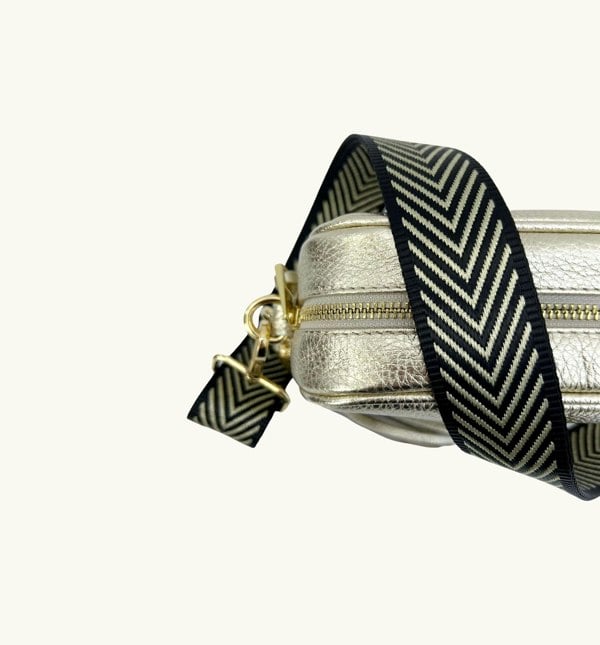 Apatchy London The Tassel Gold Leather Crossbody Bag With Black & Gold Chevron Strap