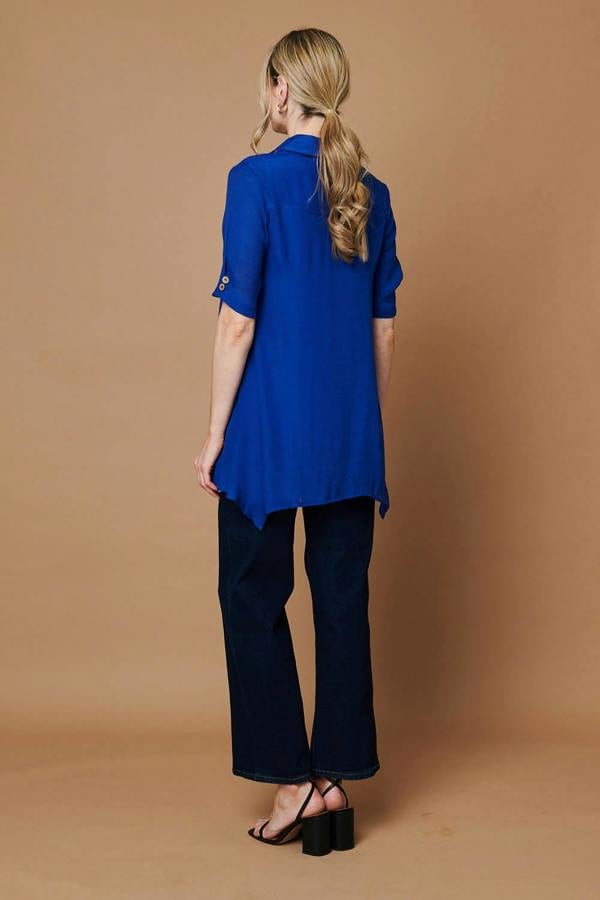 Blue | Semi Sheer Layer Collared Tunic Blouse