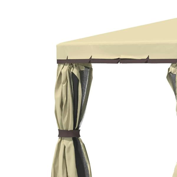 Beige gazebo curtain panel with tie strap and gathered fabric at the roof edge