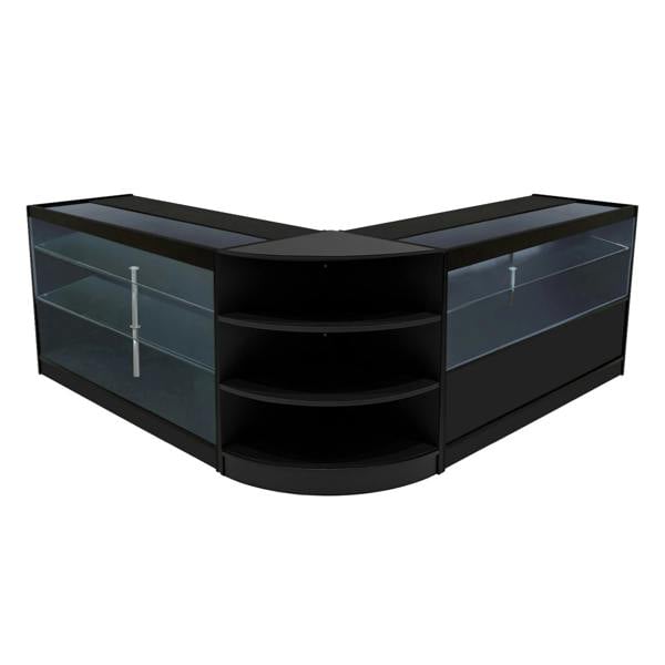 Black Calliope LED shop counter set featuring sleek glass shelves, curved design, and modern aesthetic for retail displays