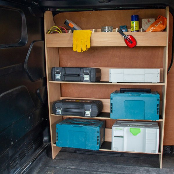 Ford Transit Custom toolbox van racking with wooden shelves, featuring blue and black toolboxes, gloves, and various tools organized neatly