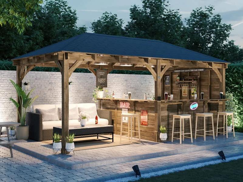 Dunster House Dunster Wooden House Garden Bar 6m x 3m Roof Shingles Outdoor Pub Shed with Counter Leviathan Side Wall