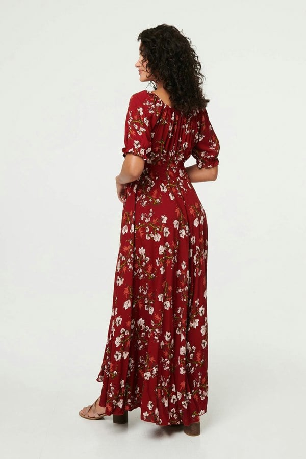 Red | Floral Bardot Shirred Empire Maxi Dress
