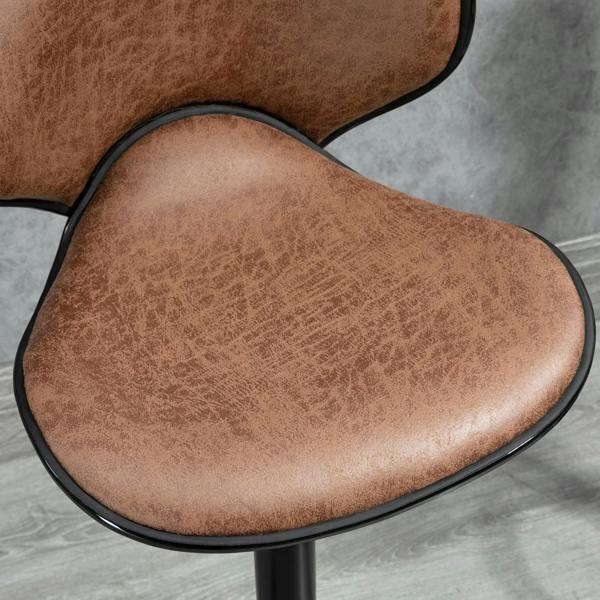 Close-up of brown microfiber bar stool seat with black edge trim and rounded corners