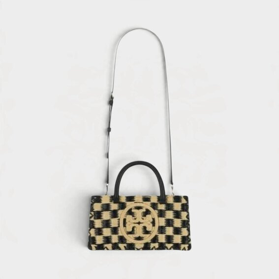 Tory Burch Ella Hand-Crotcheted Checkered Top Hand Bag Black Natural