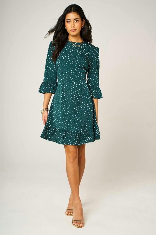 FS Collection Little Dot Print Frill Detail Mini Dress In Green