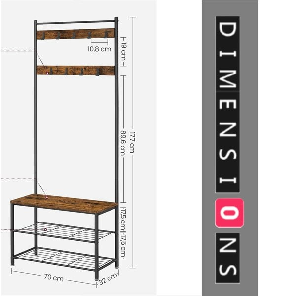Modcraft Industrial Coat Stand with Shoe Storage Bench - 3-in-1 Design