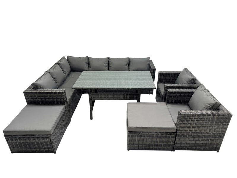 Fimous Outdoor PE Rattan Sofa Set with Dining Table Patio Garden Furniture Sets with 2 Big Stool Dark Grey Mixed