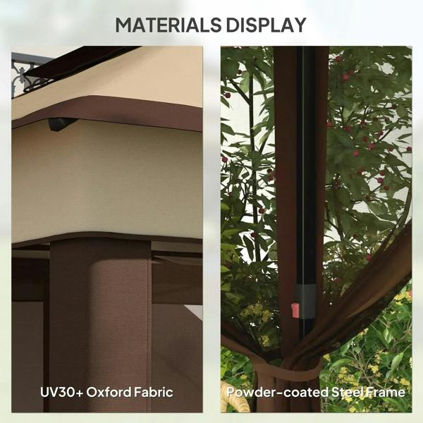 Beige gazebo canopy fabric and dark brown powder-coated steel frame close-up