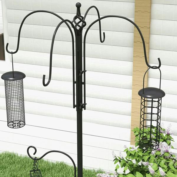 Black bird feeding station pole with two hanging mesh feeders and curved arms