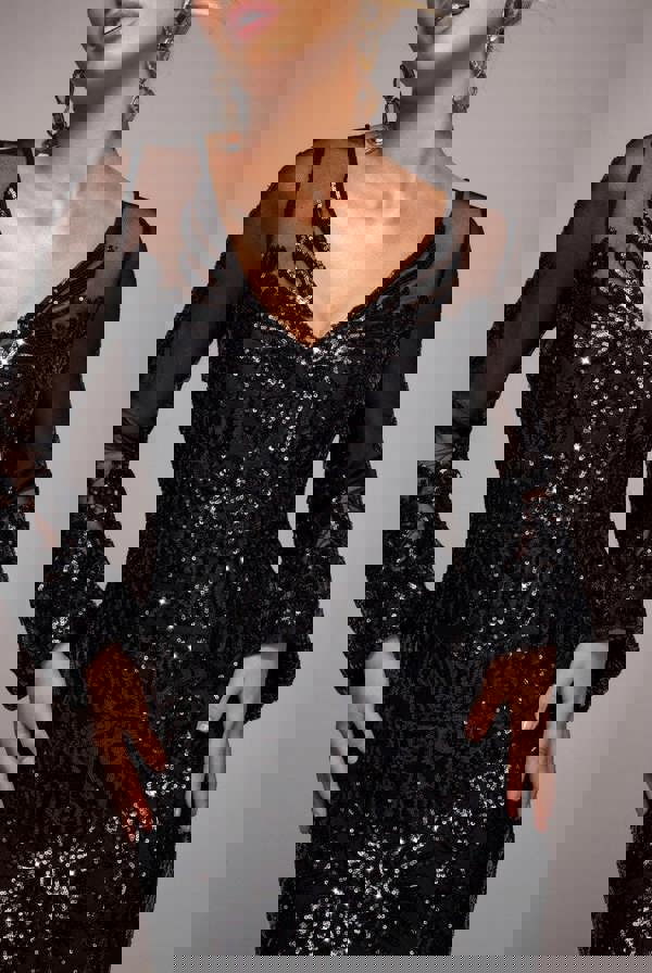 Embellished Sequin Bishop Sleeve Maxi Dress - Black DR4634