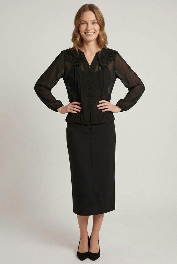 Izabel London Lace Trim Collared Semi Sheer Shirt