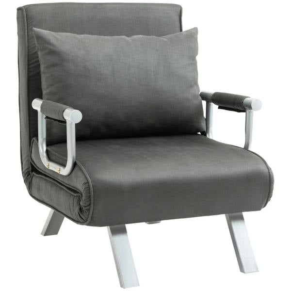 Grey faux suede chair bed with padded backrest and armrests
