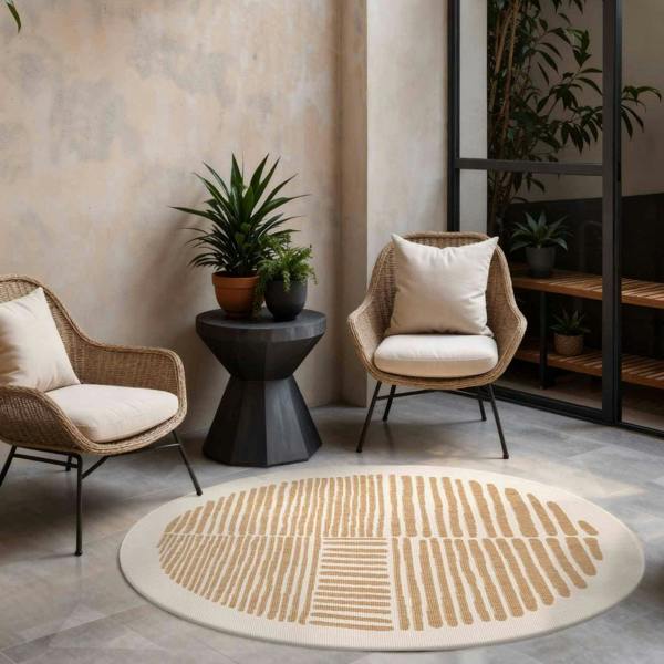 Modern living room with wicker chairs, round rug, and potted plants.