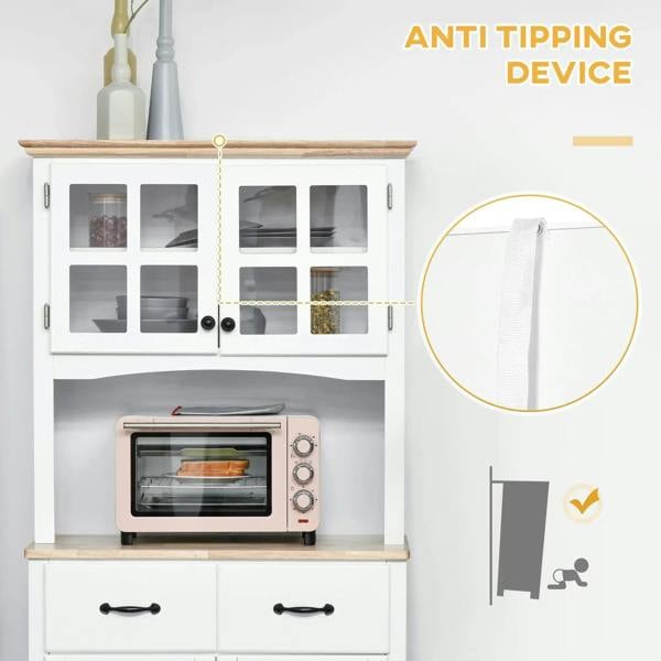 White cabinet with framed glass doors, microwave shelf, and anti-tip wall fitting