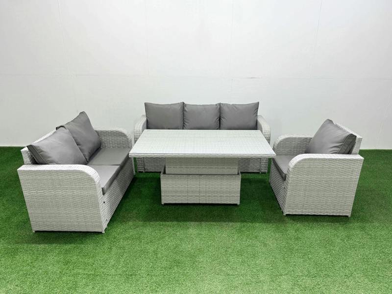 Fimous 6 Seater PE Wicker Patio Set, Adj Height Table, Reclining Chair, Loveseat, 3 Seater Sofa, Light Grey