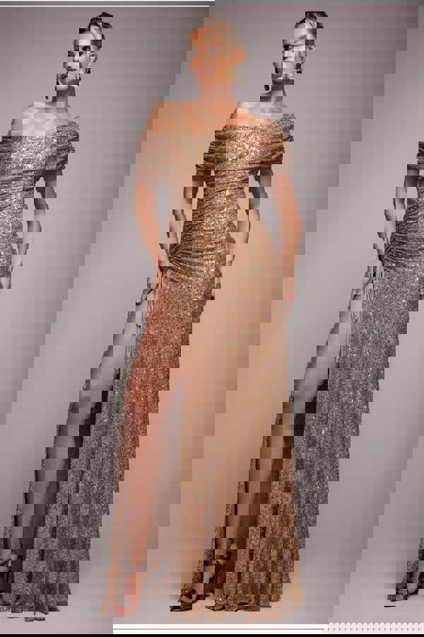 Off The Shoulder Sequin Cowl Drawstring Maxi Dress - Gold DR4824