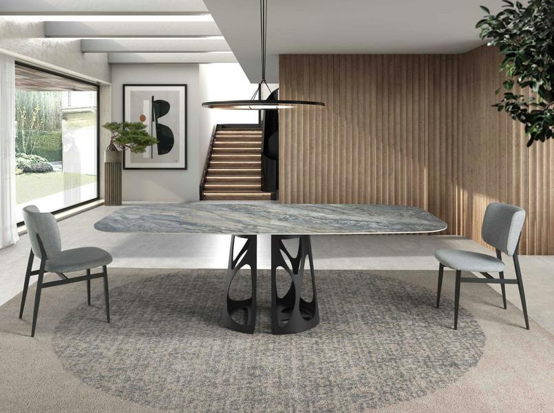 Angel Cerdá Oval Barrel porcelain marble and black steel dining table 1136