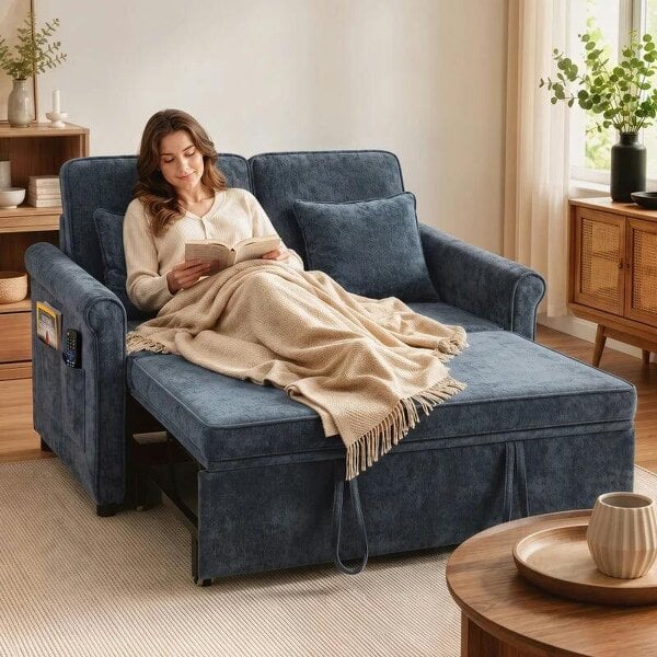 2 Seater Sofa Bed 3-in-1 Convertible Chenille Pull Out Sleeper Sofa with 5-Position Adjustable Backrest, Dark Blue