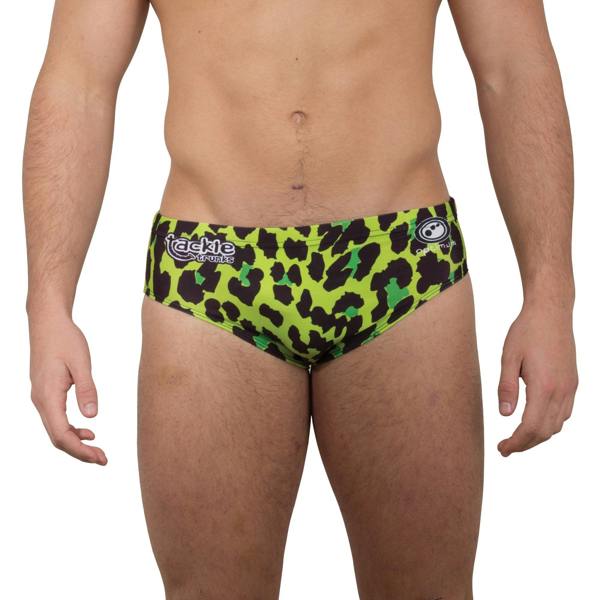 Optimum Tackle Trunks swim brief in neon green leopard print, front view on male model with tackle trunks logo - Optimum