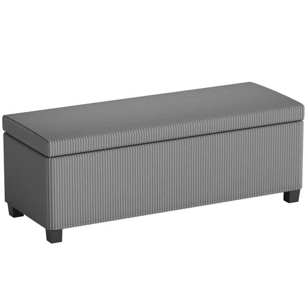 Grey corduroy storage ottoman bench with hinged lid and short wooden legs