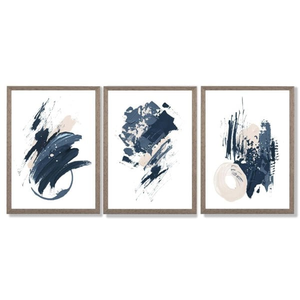Abstract Set of 3 Minimal Blue Oil Painting Framed Art Prints with Light Walnut Frames