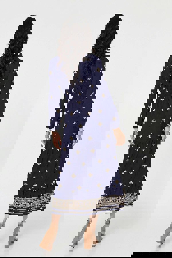 Navy | Border Print Long Sleeve Midi Dress
