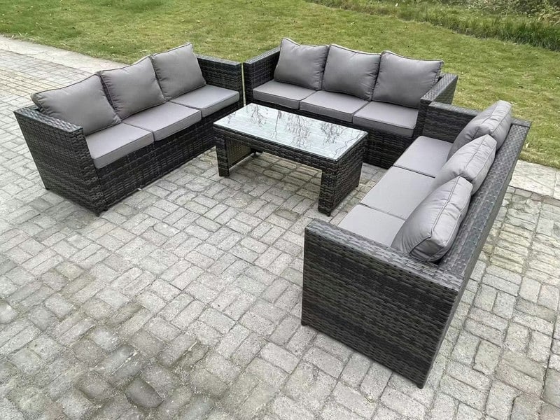 Fimous Outdoor 3 PC Three Seater Ssofa Rattan Garden Furniture Lounge Sofa Set With Oblong Rectagular Coffee Table
