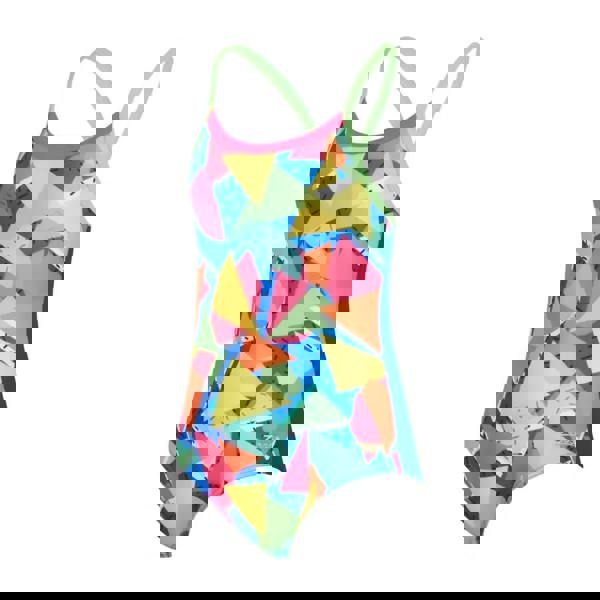 Zoggs girls medley rainbow strikeback swimsuit in blue multi with geometric patterns