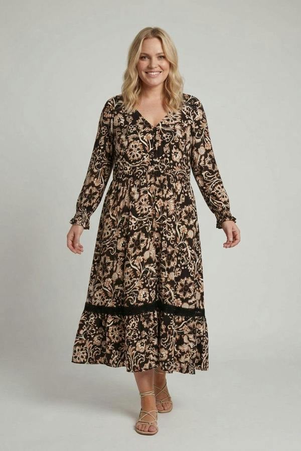 Black | Curve Floral Lace Trim V-Neck Maxi Dress