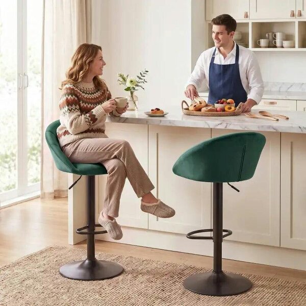 Bar Stools Set of 2 Adjustable Swivel Velvet Breakfast Bar Stools with Backrest, Dark Green